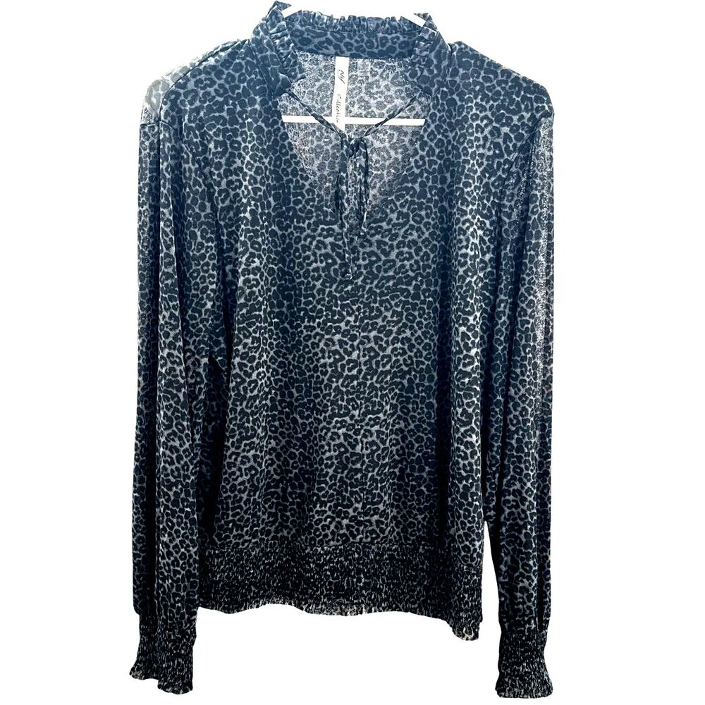 Ny Collection Sheer Gray/Black Cheeta Print Blouse Large